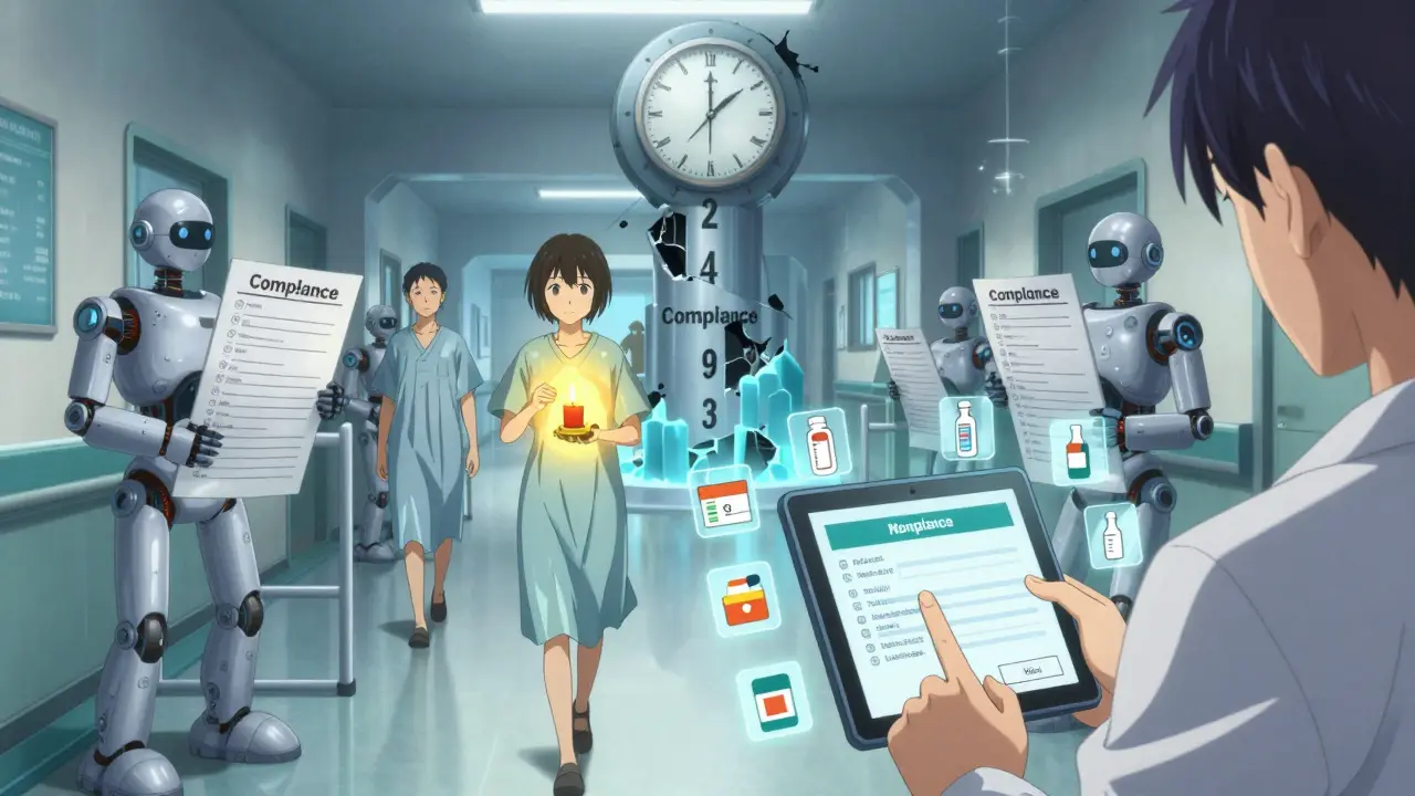 Patienten passieren prüfende Roboterpharmazeuten in einem labyrinthartigen Krankenhaus, während Warnsymbole blinken.