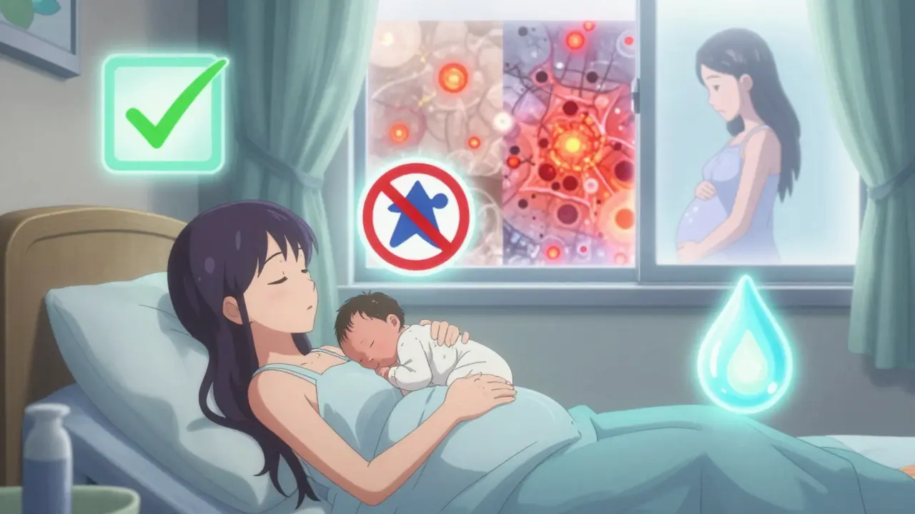 Schwangere Frau hält ihr Baby, während sich sichere Medikamente und verbotene Substanzen als schwebende Symbole um sie drehen.