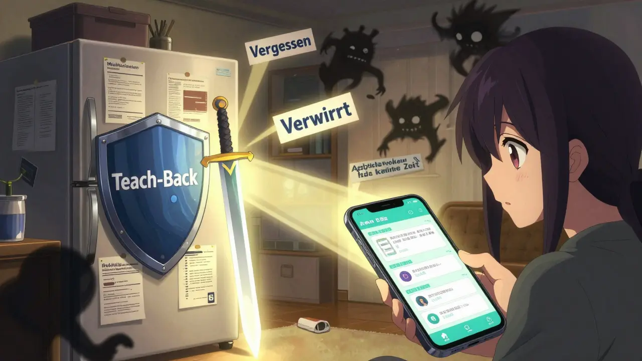 Wohnzimmer als Schlachtfeld: Kühlschrank mit Medikationsinformationen als Schild, Lichtschwert besiegt Unwissenheit.