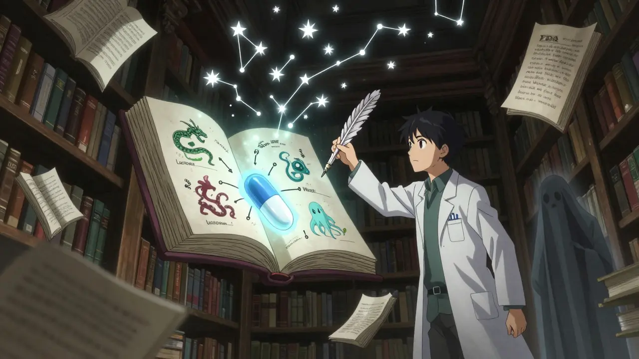 Zauberbibliothek mit schwebenden Medikamentenbüchern, in denen Allergene als Drachen und Geister gefangen sind.