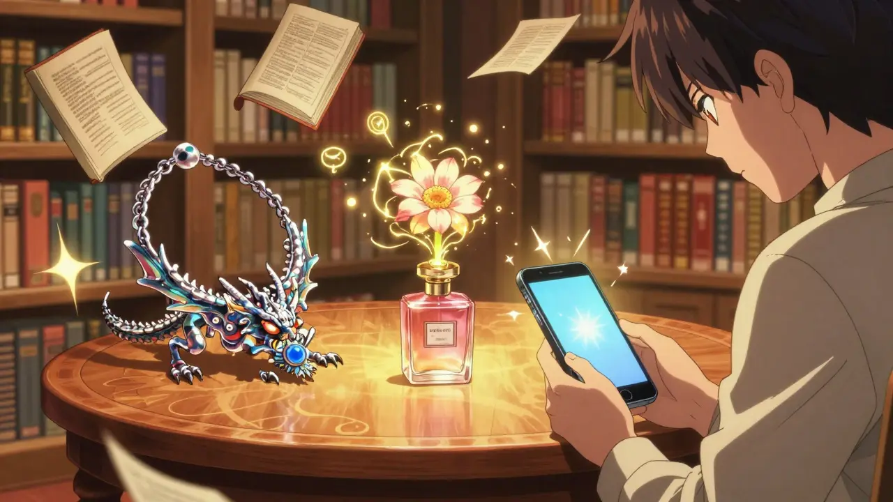 Anime-Stil: Magische Tabelle mit Allergenen wie Nickel-Drachen und Duft-Geister