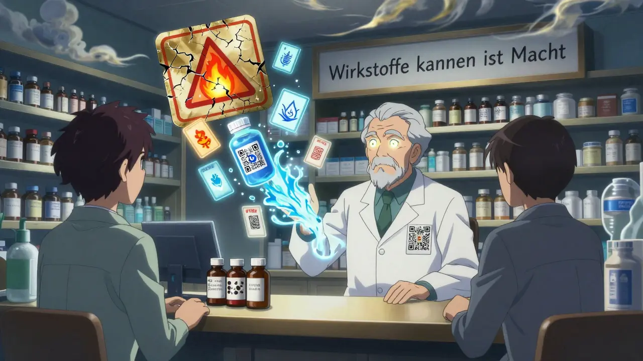 Apotheker mit QR-Code-Stab zeigt holographische Wirkstoff-Symbole wie Feuer, Wasser und Wind an einer Verkaufstheke.