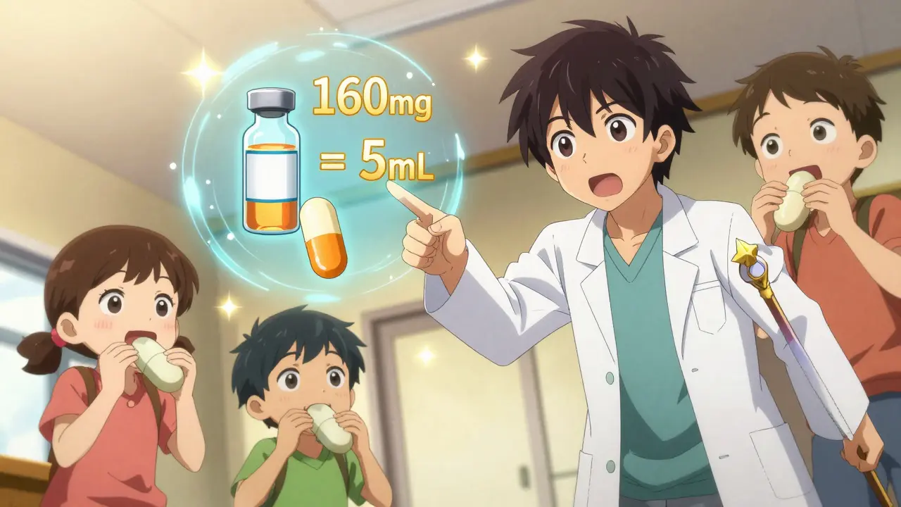 Apotheker zeigt holographisch die Umstellung von Flüssigkeit auf Kautablette, Kinder üben das Kauen.