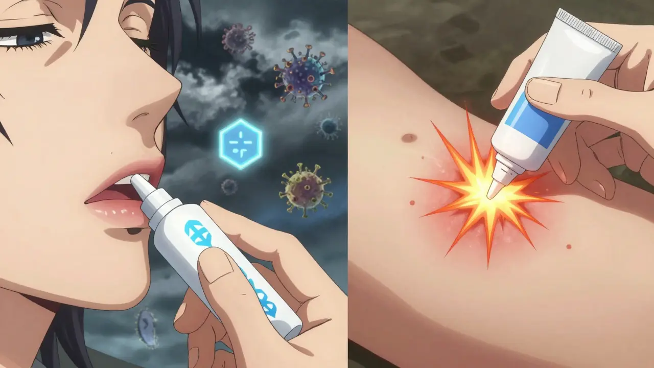 Aufgeteilte Szene: antivirale Creme auf Bläschen vs. Akne-Creme auf Pickel, mit magischen Effekten.