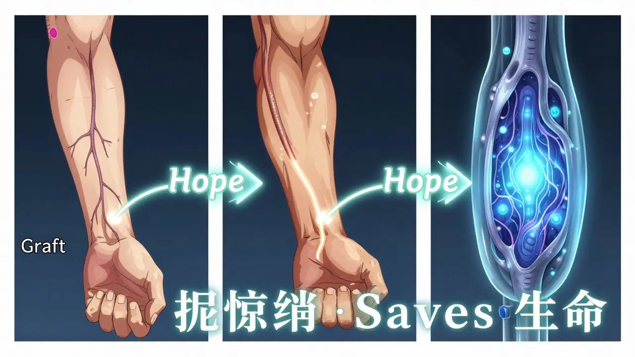 Drei Arten von Dialyse-Zugängen in Comic-Panels, gezeigt als evolutionäre Entwicklung mit leuchtenden Energielinien.