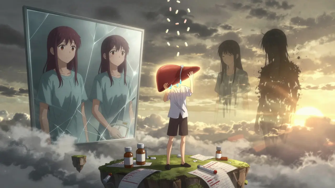 Ein Patient auf einer Insel aus Medikamentenflaschen, hält eine langsam verblassende Leber, während hinter ihm drei Lebensvarianten sichtbar sind.