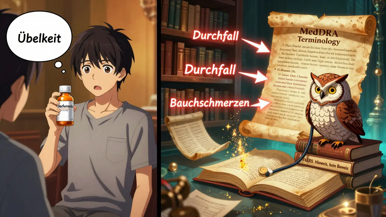 Ein Patient mit einer Pille und mystische medizinische Scrolls mit genaueren Nebenwirkungsbezeichnungen.