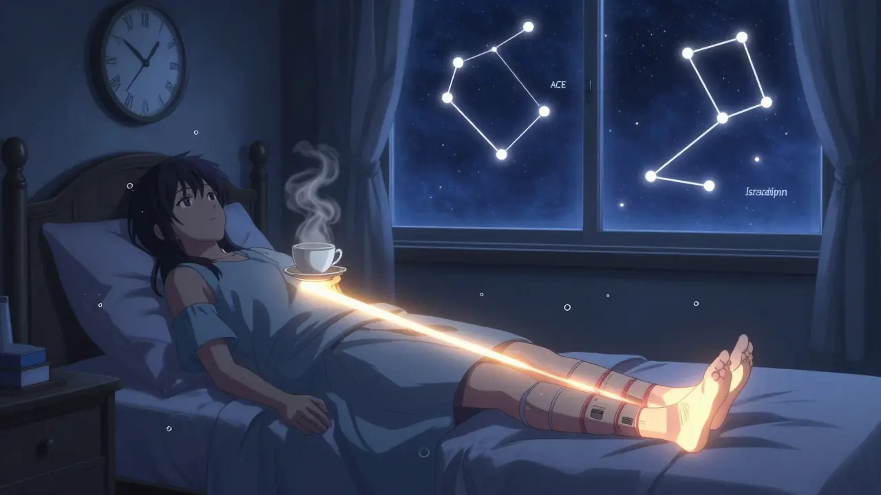 Ein Schlafzimmer mit erhöhtem Kopfende, sanft leuchtende Wassertröpfchen und Kompressionsstrümpfe unterstützen den Kreislauf in der Nacht.