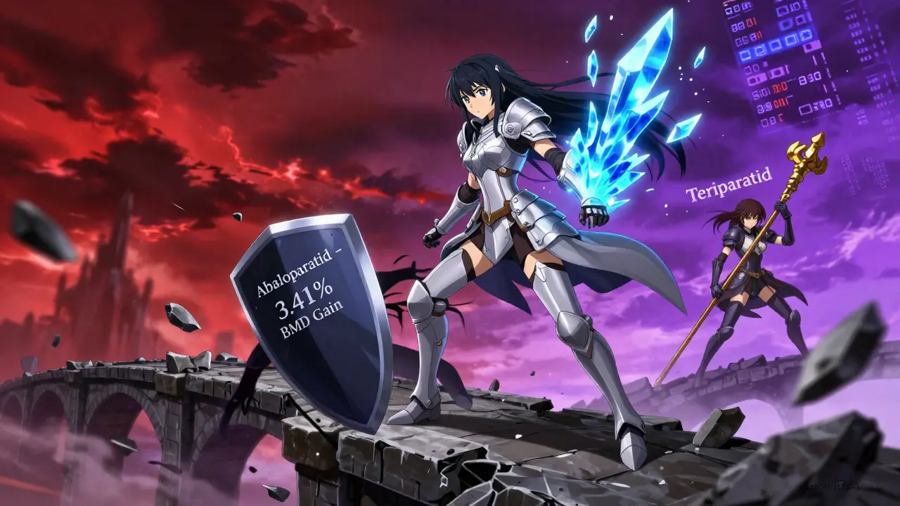 Eine Kriegerin mit blau leuchtender Hüfte, die Brüche überwindet, während ein goldenes Gegenmittel schwächer wirkt.