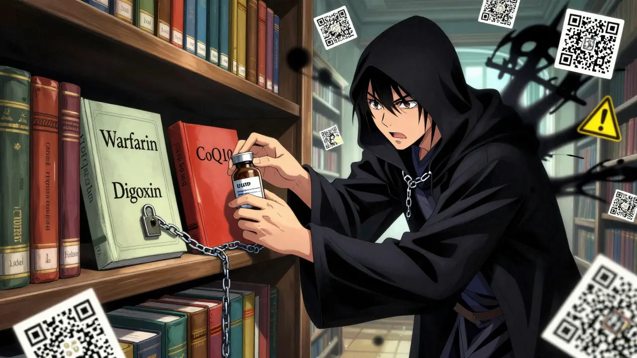 Fantasy-Bibliothek mit Medikamenten-Spellbüchern, die von einem geheimen Mix bedroht werden, USP-Vial leuchtet hervor.