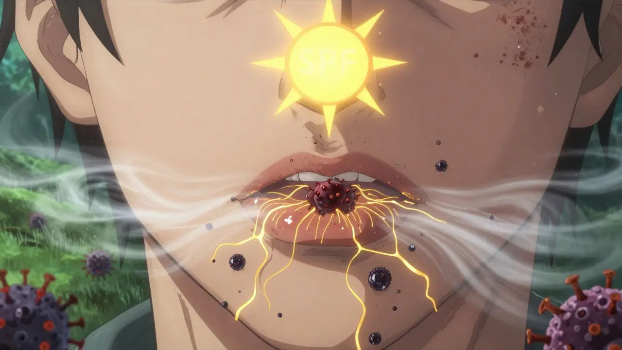 Gesicht als magische Landschaft mit Nervenwegen, Virusnest und verstopften Poren in Anime-Stil.