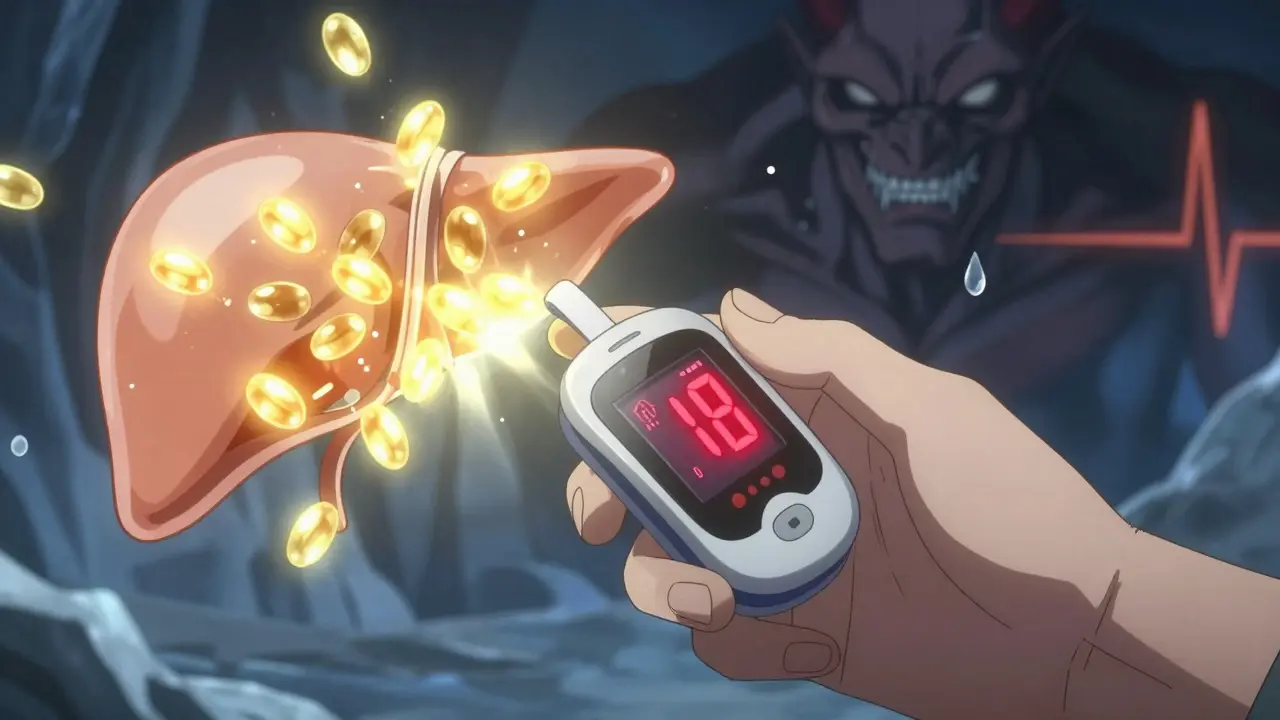 Hand hält CGM-Gerät mit roten Alarmen, Glukose-Moleküle strömen aus der Leber, während andere Symptome eingefroren sind.