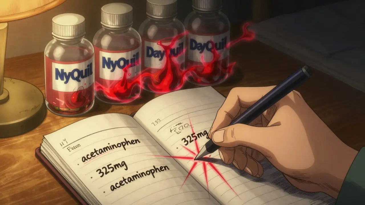 Hand schreibt Medikamentenliste, überlappende Pillenflaschen senden warnende rote Energiewellen aus.