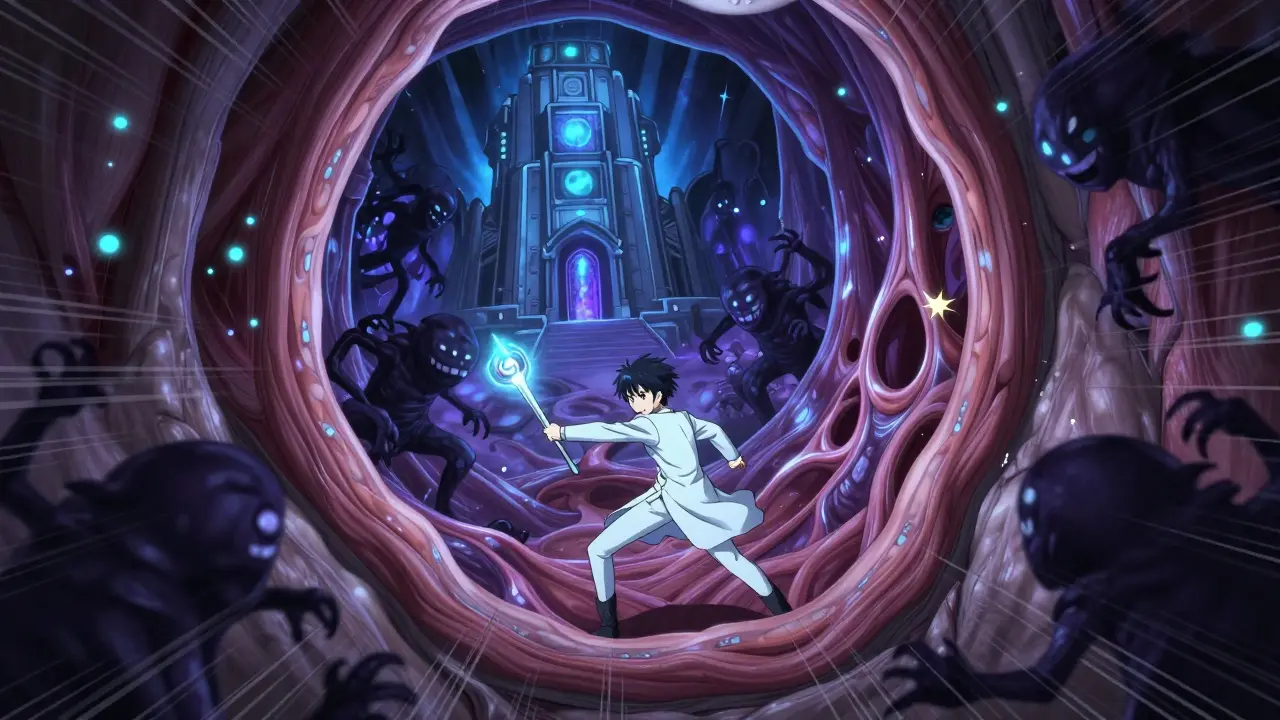 Held kämpft in einer magischen Rachenwelt gegen Atemwegs-Monster mit einem Nervenstab.