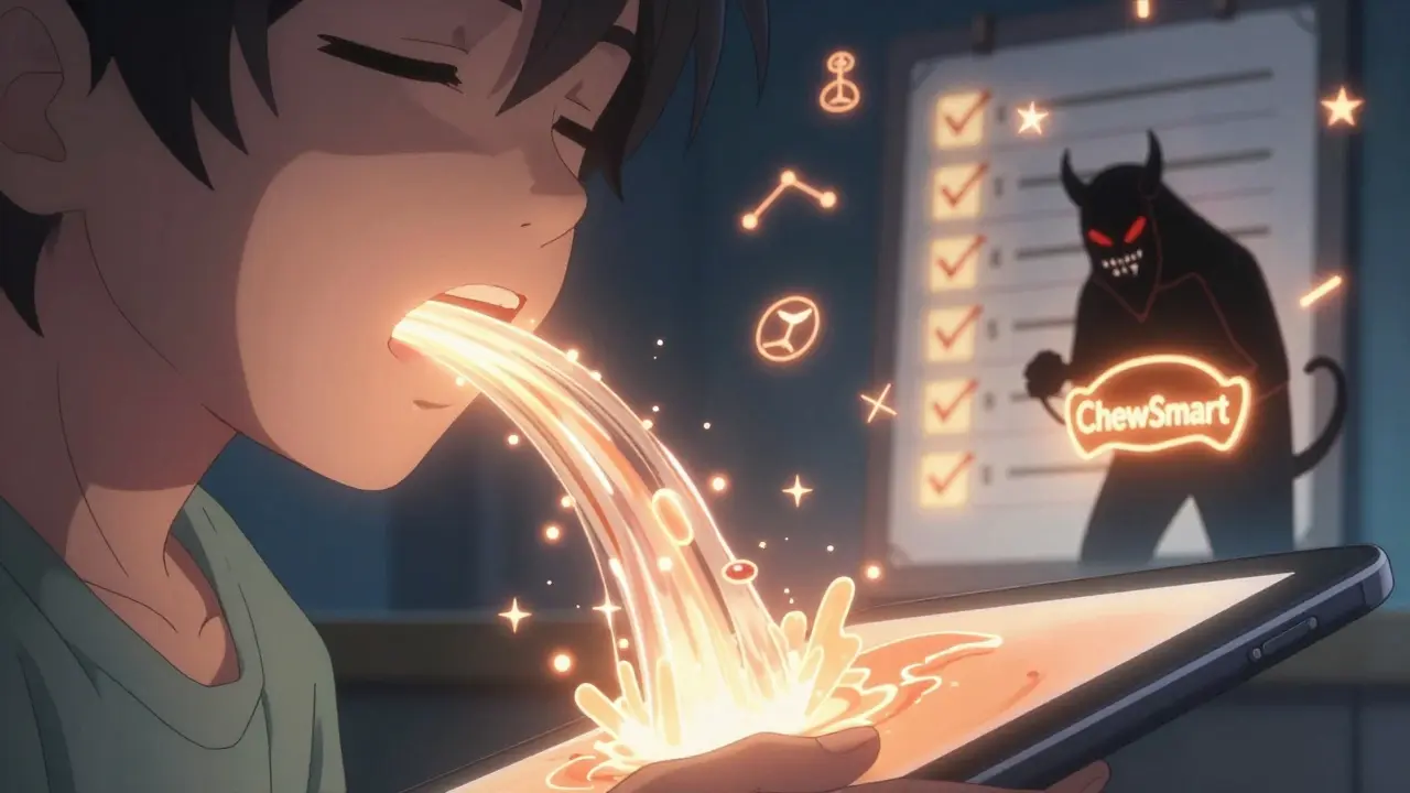 Nahaufnahme eines Mundes, in dem eine Tablette sich in Lichtstrahlen auflöst, während ein 'Schluck'-Dämon vertrieben wird.