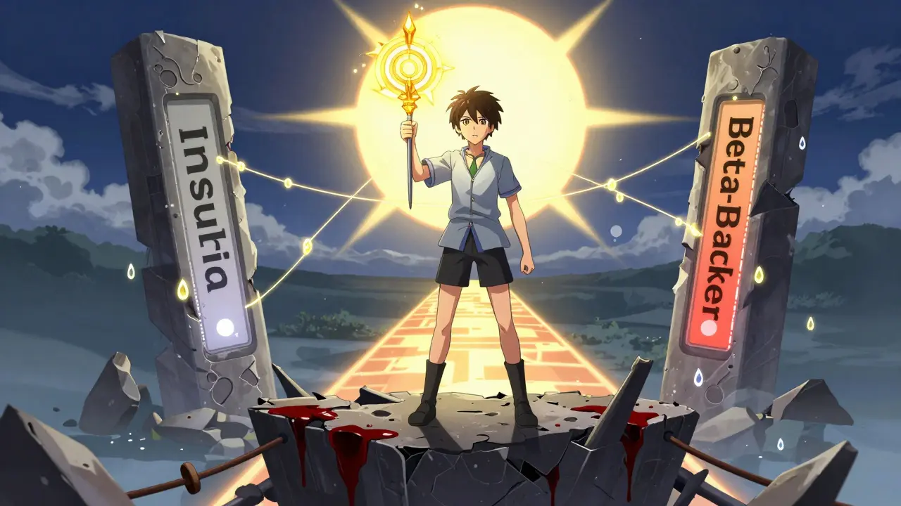 Patient hält Carvedilol als helles Amulett, während Schweißtropfen und CGM-Alerts die Verbindung zwischen Insulin und Beta-Blocker stabilisieren.