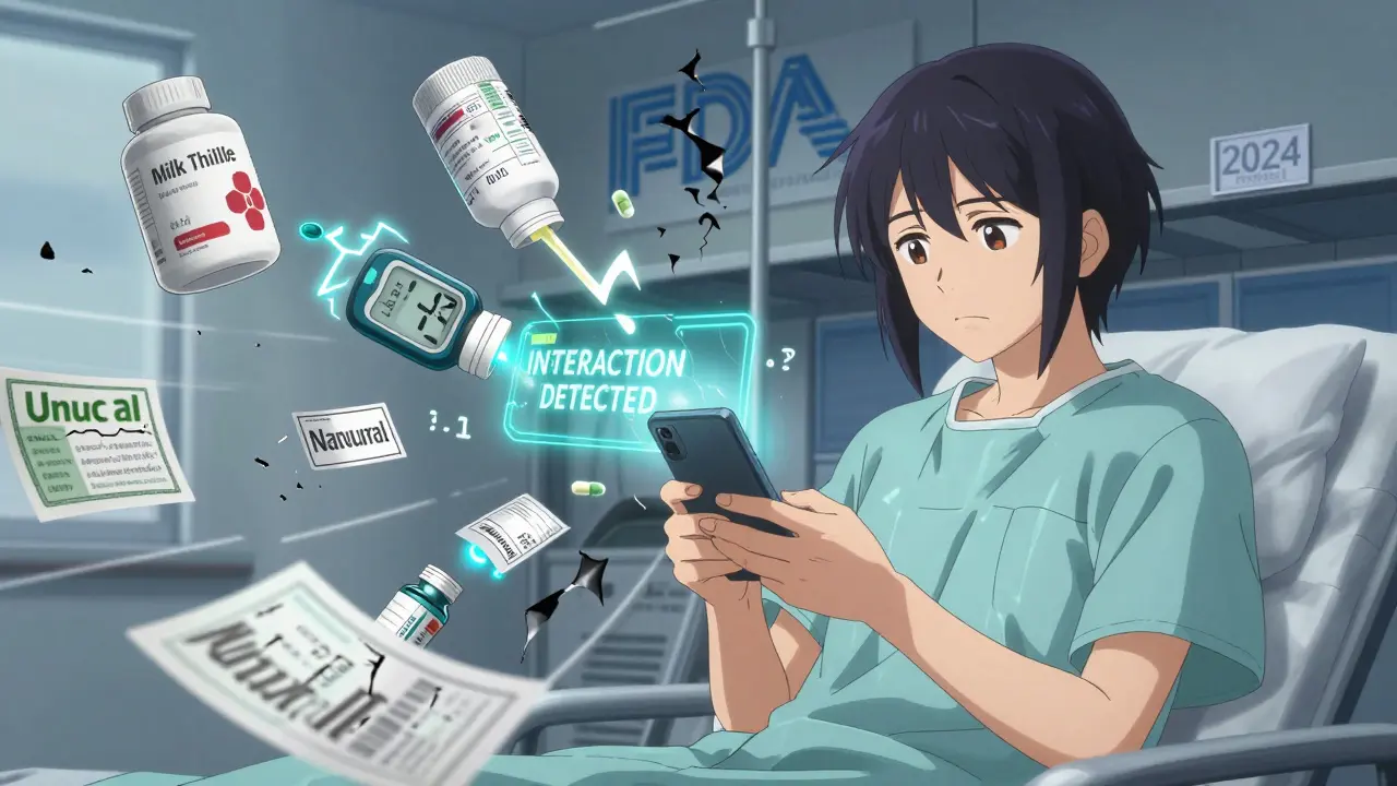 Patient scannt Supplement mit Smartphone, holografische Warnung erscheint, Blutzucker-Wert stürzt ab, zerbrochene Etiketten schweben.