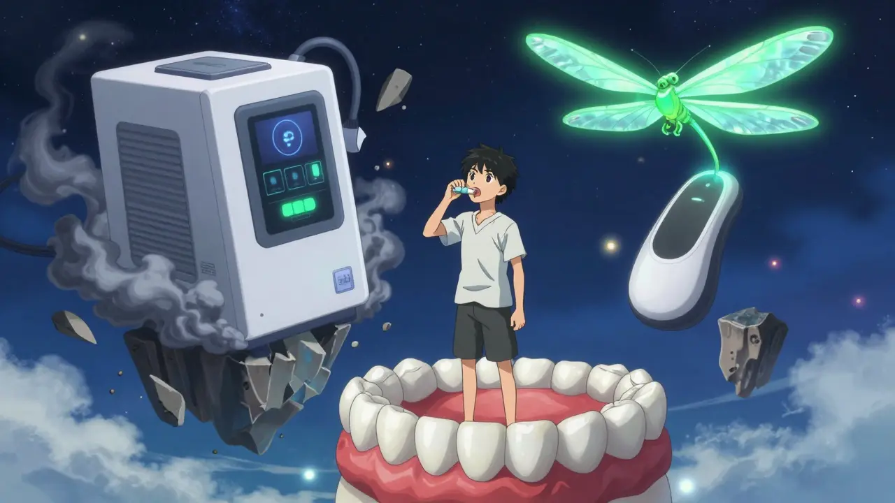 Protagonist hält ein zahnärztliches Gerät wie ein magisches Amulett in einer schwebenden Traumwelt.