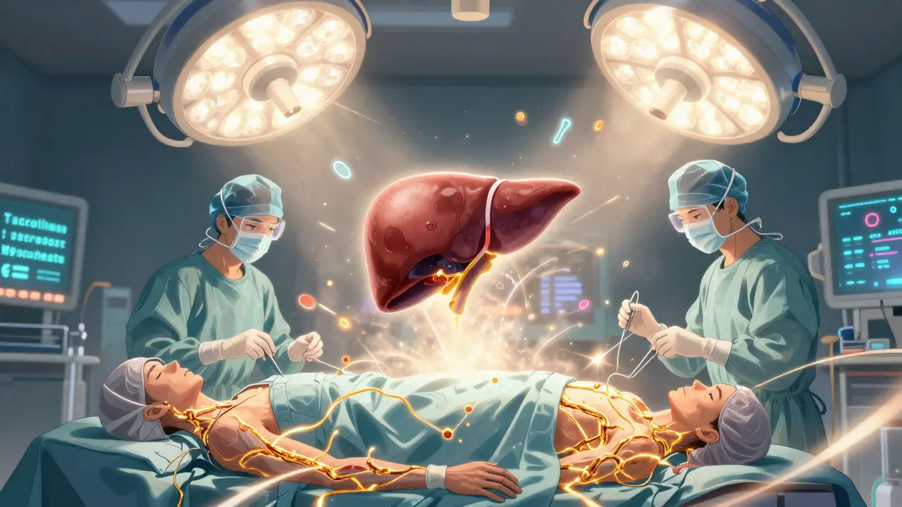 Simultane Transplantationsoperation mit Spender und Empfänger, verbunden durch schimmernde Venen und eine schwebende Leber.