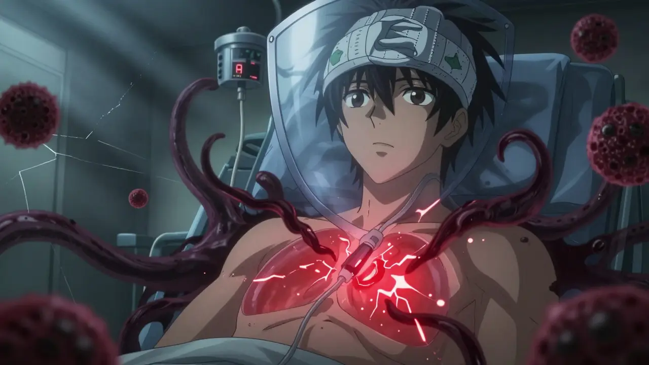 Zentralvenenkatheter mit gefährlichen Infektionsschatten, geschützt von sterilen Symbolen.