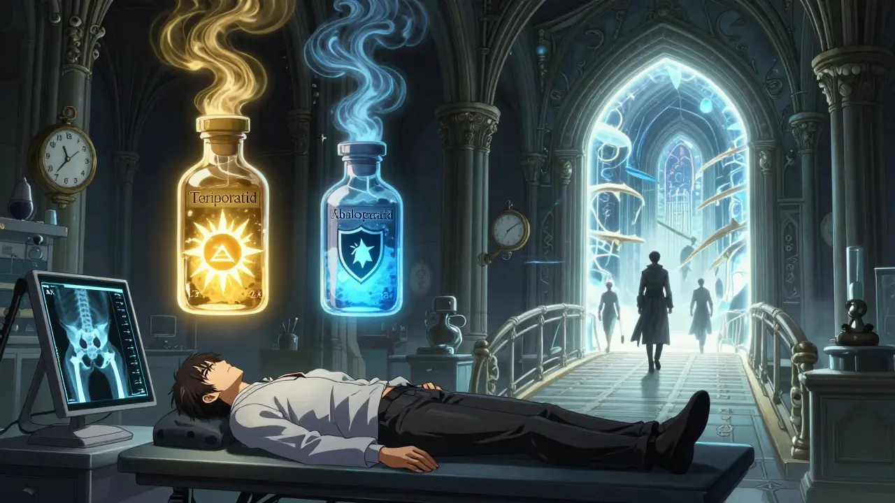 Zwei magische Tränke auf einem Röntgenbild, einer mit Warnsymbol, der andere mit Schutzsymbol, in einer fantastischen Klinik.