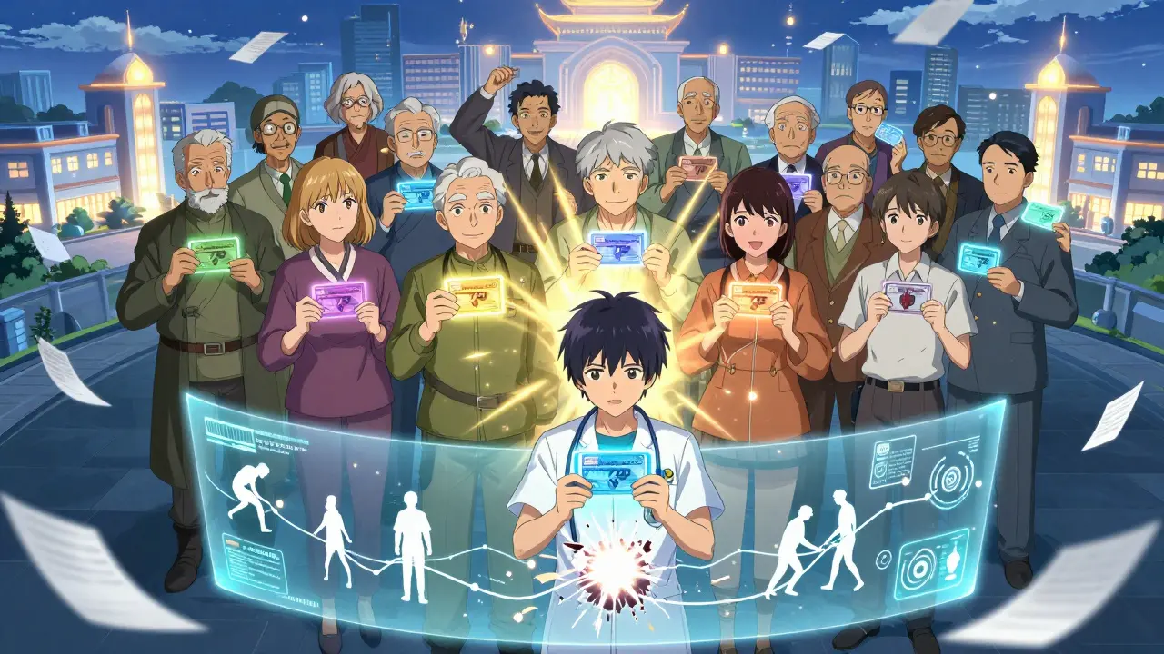 Ältere Menschen mit leuchtenden Notfallkarten, die einen schützenden Schild bilden.