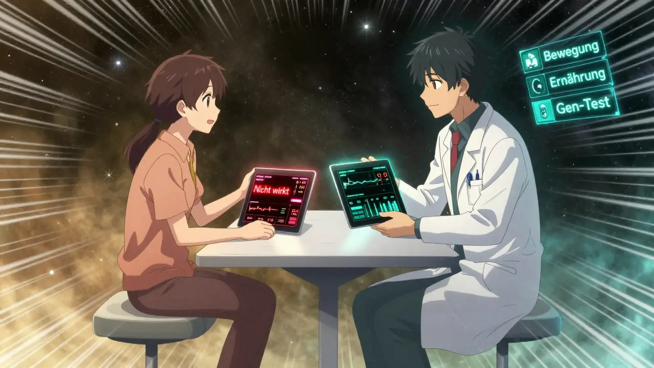 Arzt und Patient diskutieren über schwebende Gesundheitsdaten, während alternative Behandlungen als leuchtende Optionen erscheinen.