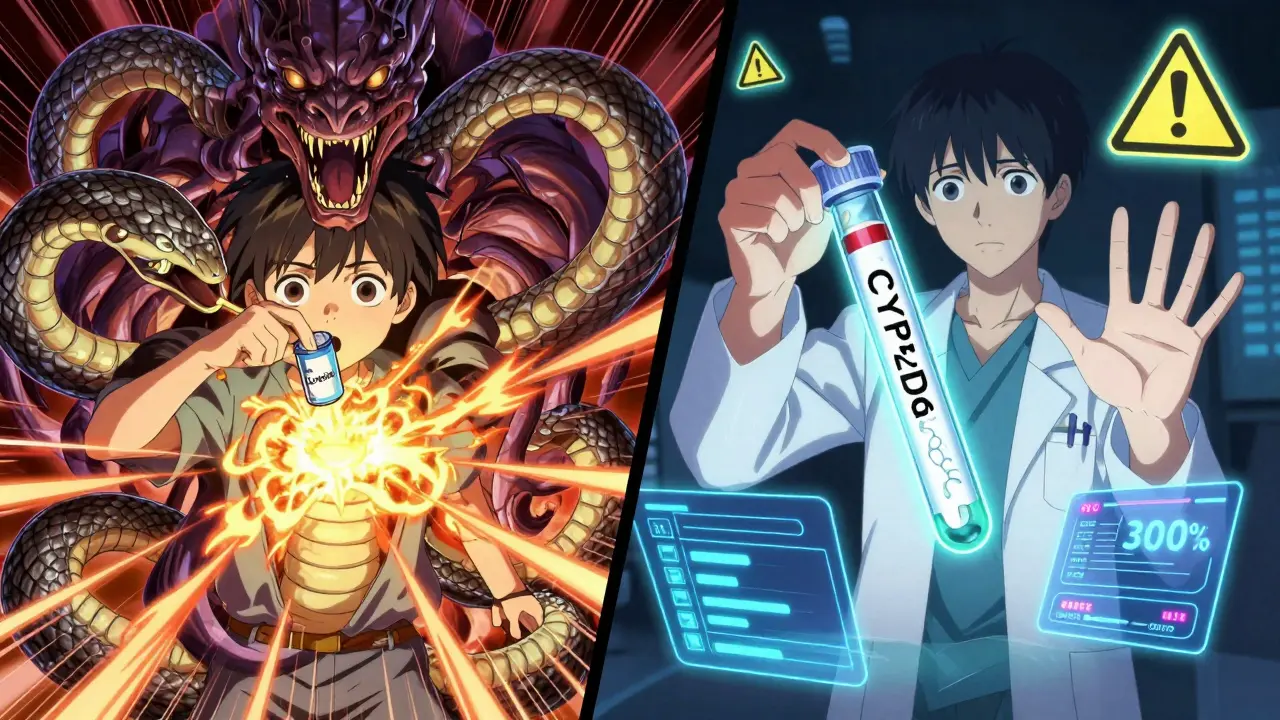 Ein Kind nimmt Codein ein, das sich in eine schlangeartige Morphium-Entität verwandelt, während ein Arzt einen genetischen Test hält.