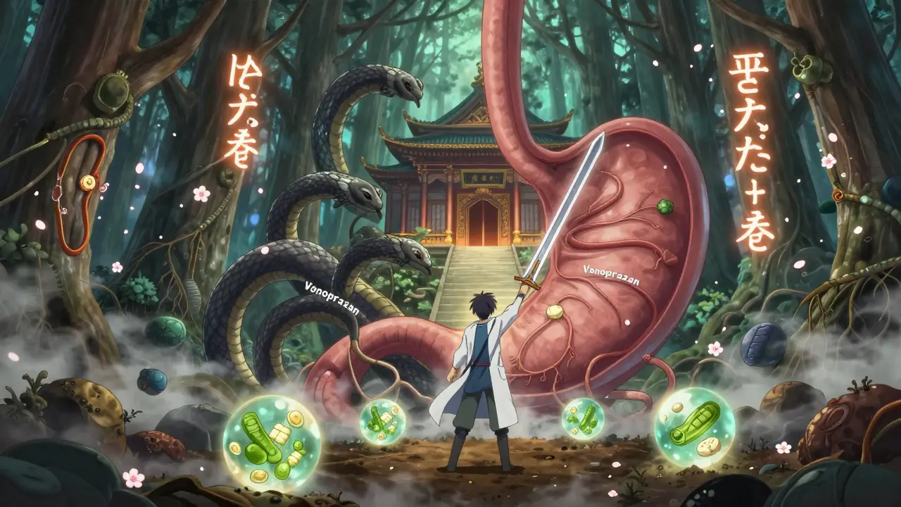 Ein magischer Wald im Körper, wo ein Krieger mit Vonoprazan-Schwert Antibiotikaresistenz besiegt, während Probiotika die Schleimhaut heilen.