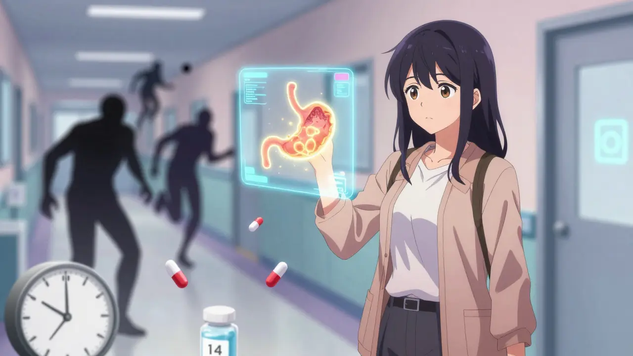 Eine junge Frau hält eine holografische Darstellung ihres heilenden Magens, während Symptome wie Übelkeit und Müdigkeit in Dunkelheit fliehen.