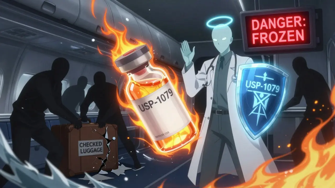 Glowing Insulinflasche schützt sich vor Eis und Hitze in einem Flugzeugfrachtraum, von einem geisterhaften Wächter beschützt.