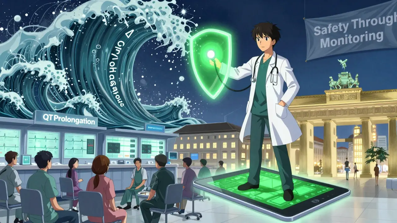Kardiologe verteidigt Patienten mit Stethoskop-Schild gegen eine Welle aus QT-Verlängerung, im Hintergrund Kliniken.