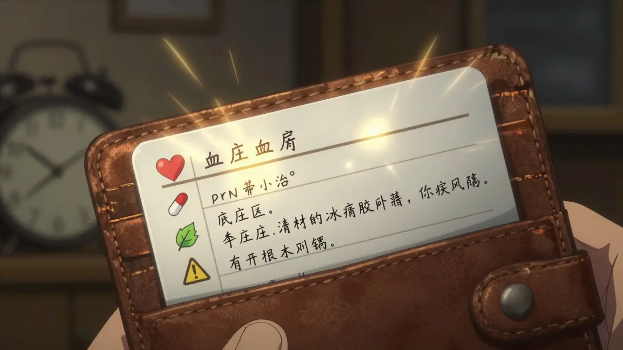 Nahaufnahme einer wasserfesten Medikamentenliste in einer Lederbrieftasche mit leuchtenden Symbolen.