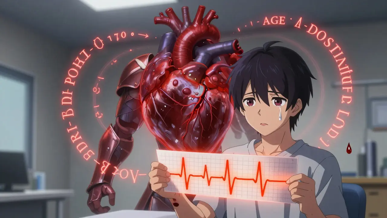 Patient mit leuchtendem EKG-Strip, dahinter ein zerbrochenes Herz als Symbol für Herzrhythmusstörung.