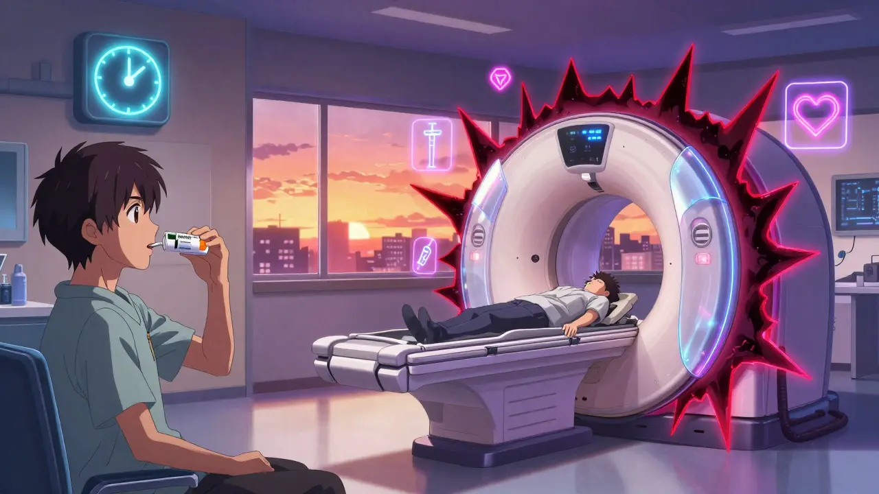 Patient nimmt Medikamente vor einer CT-Untersuchung, während schützende Energieschilde gefährliche Reaktionen abwehren.