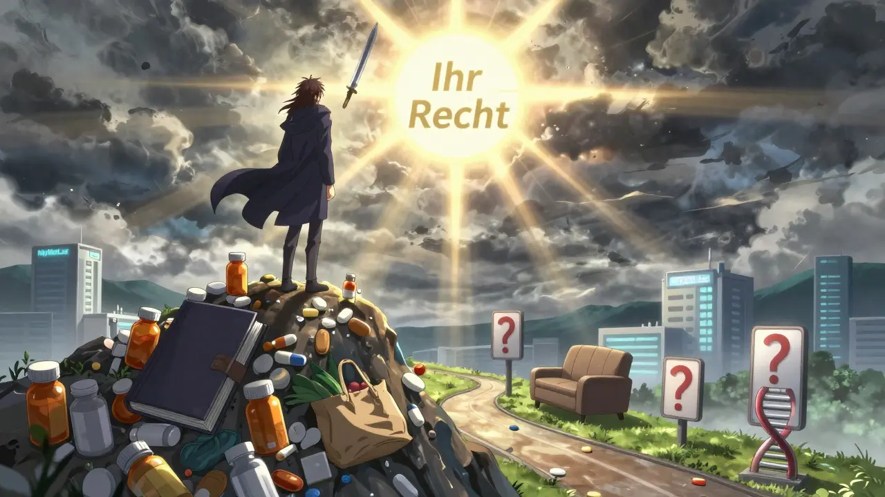 Patient steht auf einem Berg leerer Pillenflaschen und blickt auf einen Pfad mit gesunden Lebensstil-Alternativen.