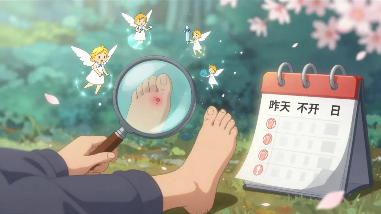 Person prüft Füße mit magischer Lupe, die winzige Wunden durch medizinische Kugeln heilt.