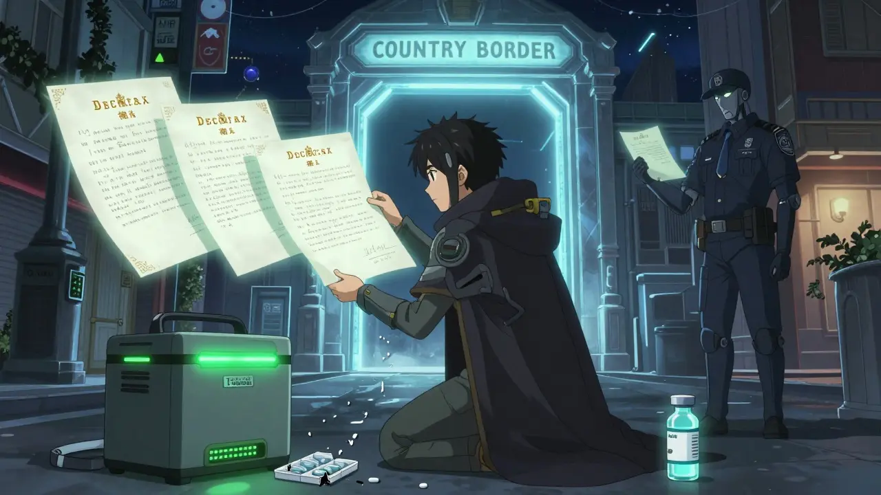 Reisender zeigt einen leuchtenden Arztbrief vor einem magischen Zollportal, während eine gekühlte Medikamentenbox daneben strahlt.