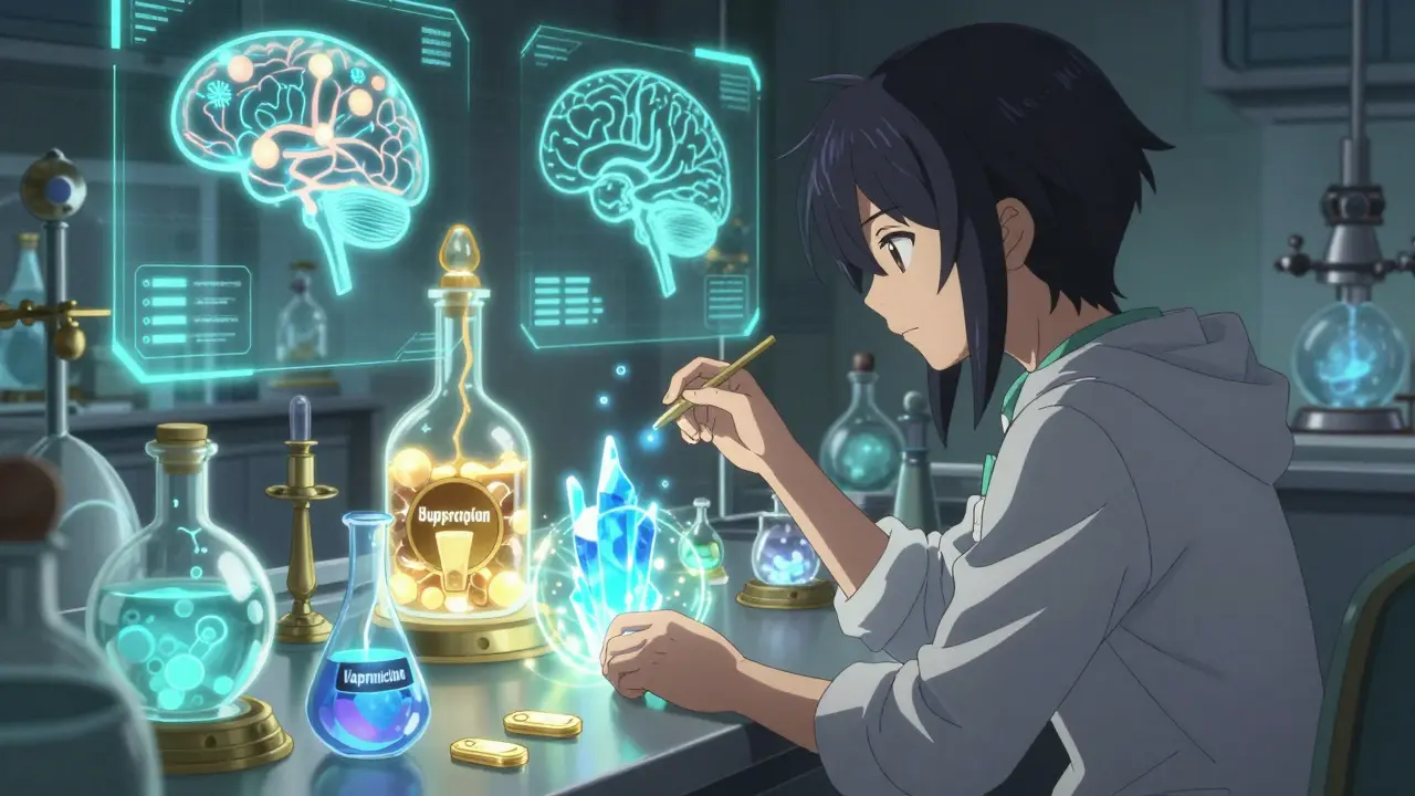 Charakter studiert leuchtende Medikamente und neuronale Diagramme in einem Alchemielabor.