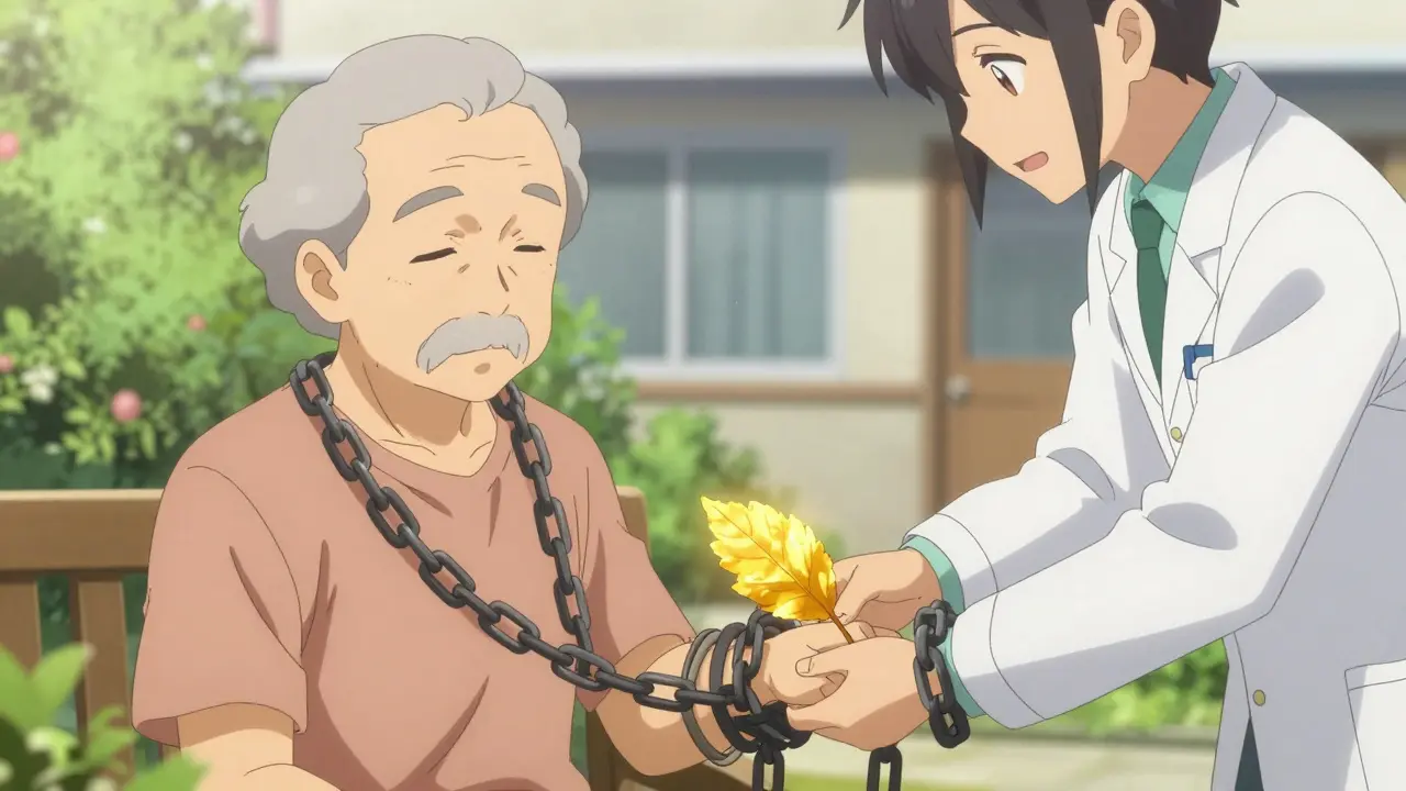 Ein Apotheker befreit einen älteren Patienten symbolisch von einer zu hohen Medikamentenlast.