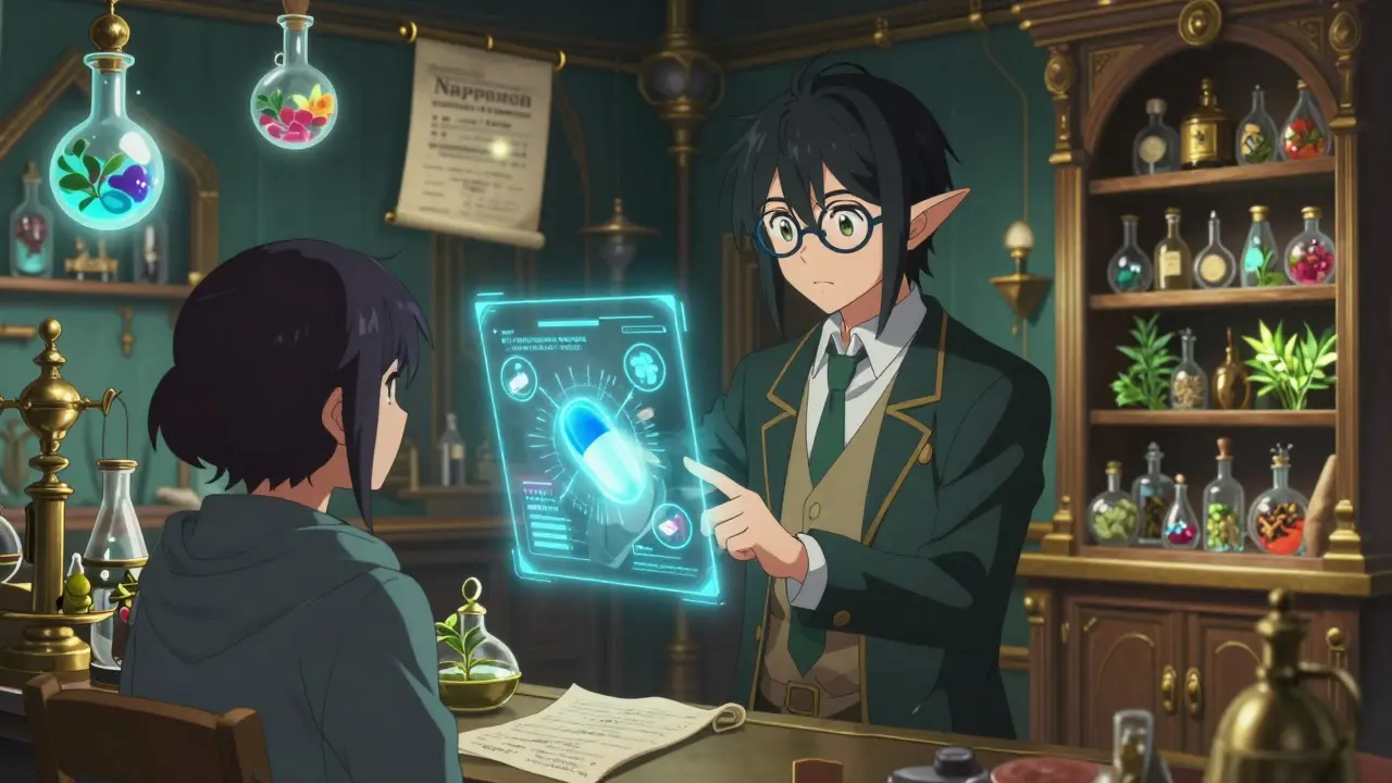 Ein Apotheker in einem magischen Laden zeigt medizinische Optionen auf einem Hologramm.