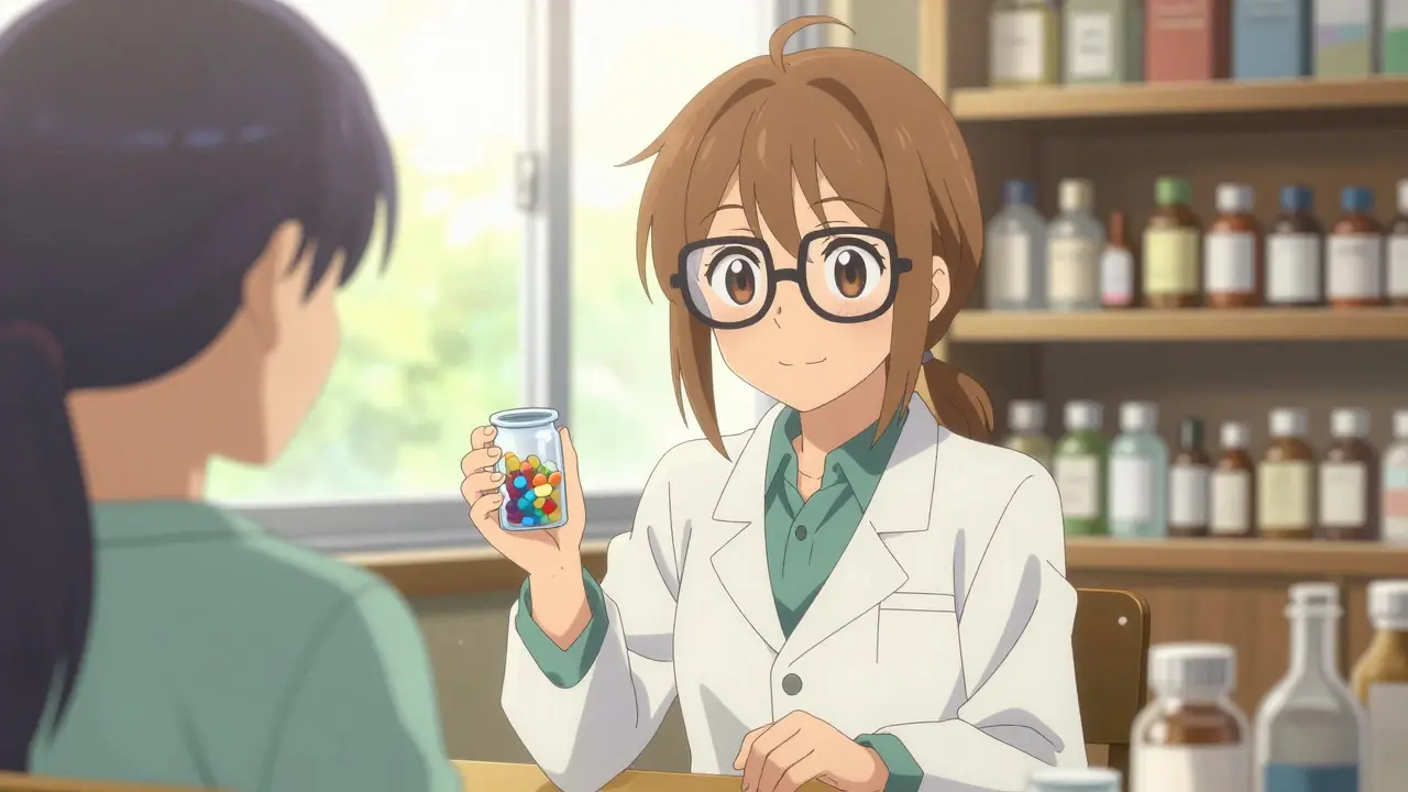 Ein freundlicher Apotheker erklärt einem Patienten die Unterschiede von Medikamenten.