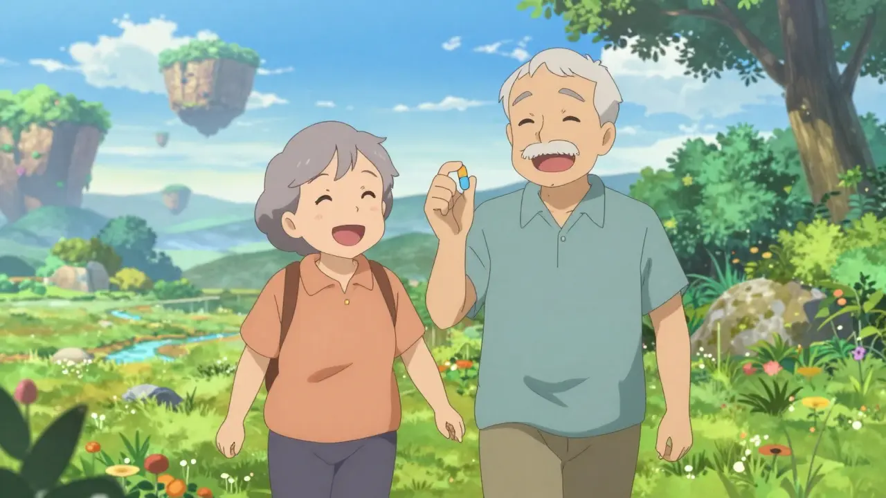 Ein glückliches älteres Paar in einem Fantasy-Garten, das durch weniger Medikamente mehr Lebensqualität genießt.