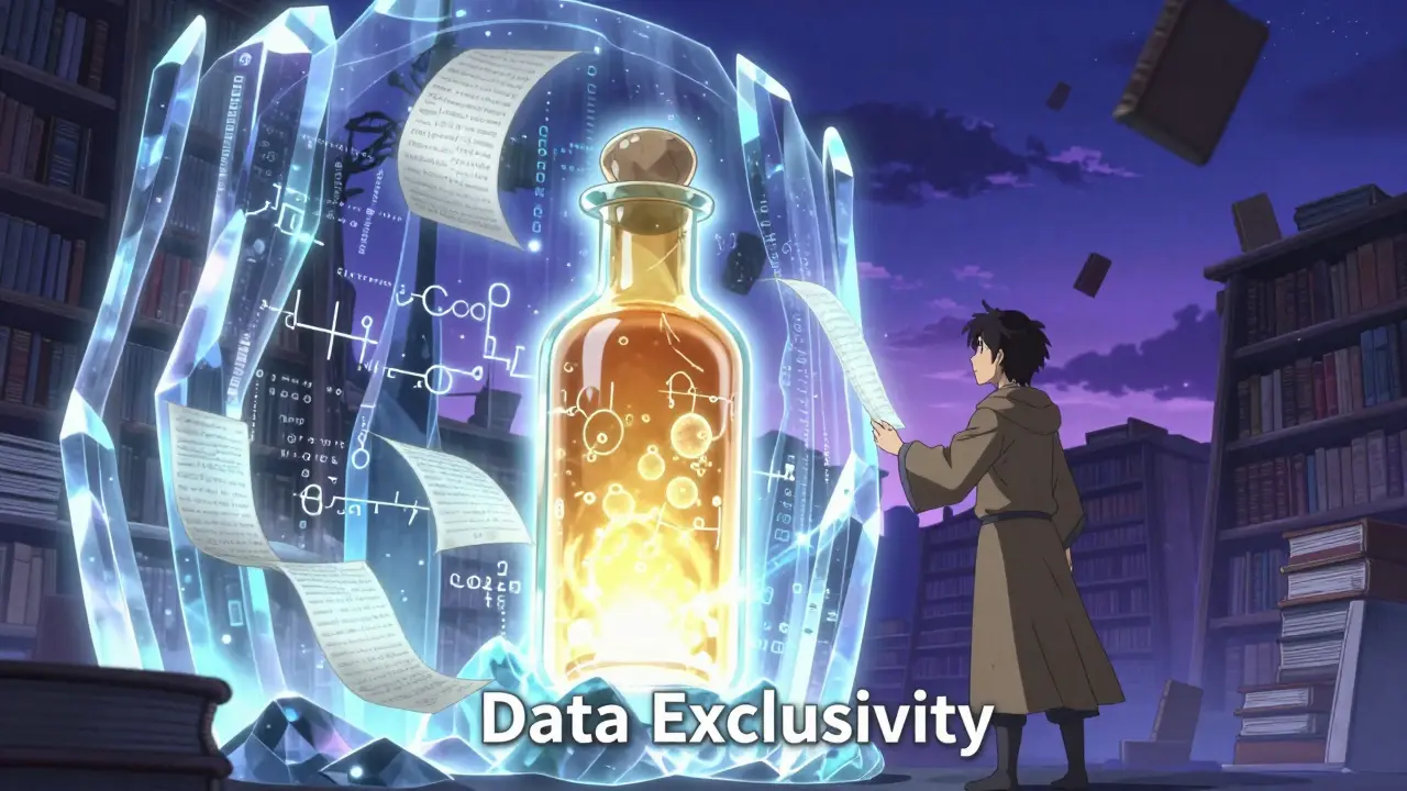 Ein magischer Kristallwall schützt medizinische Daten vor einem Alchemisten.