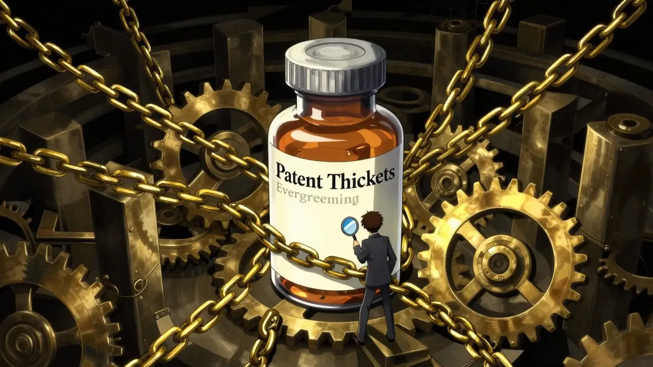 Ein Medikamentenfläschchen, das in einem komplexen Labyrinth aus goldenen Ketten gefangen ist.