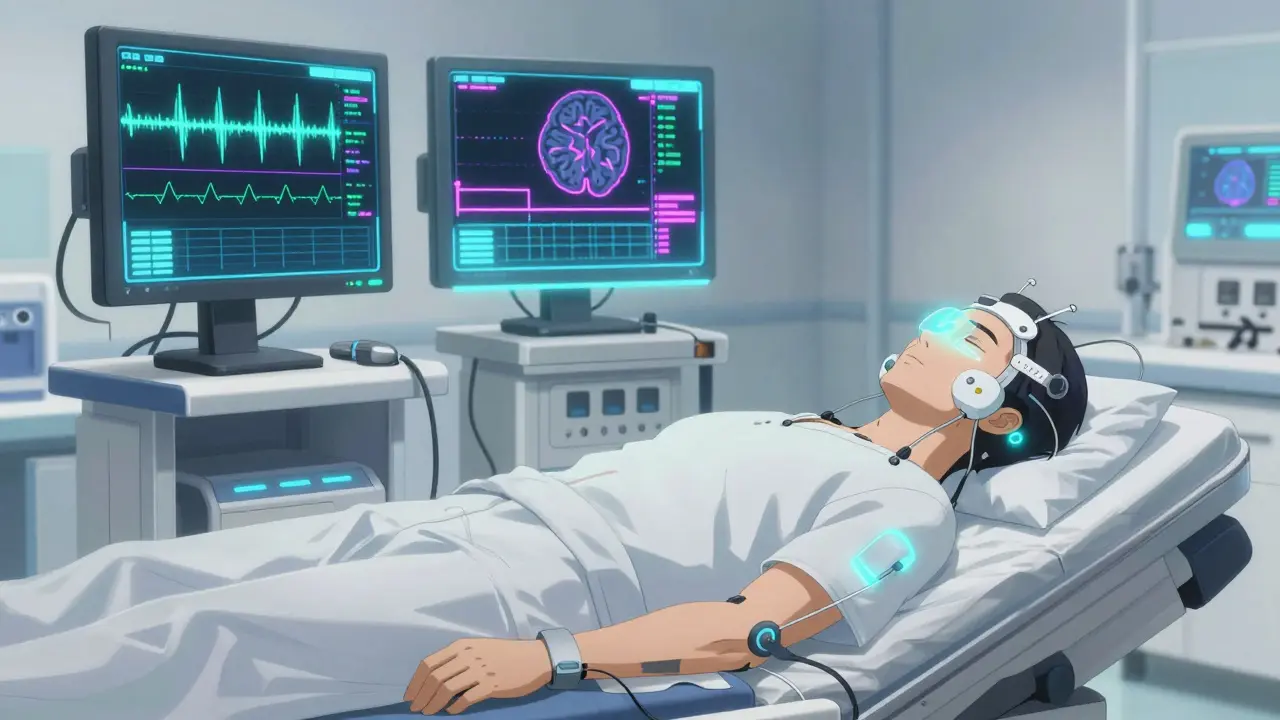 Ein Patient während einer Polysomnographie mit futuristischen Sensoren und Hologrammen.