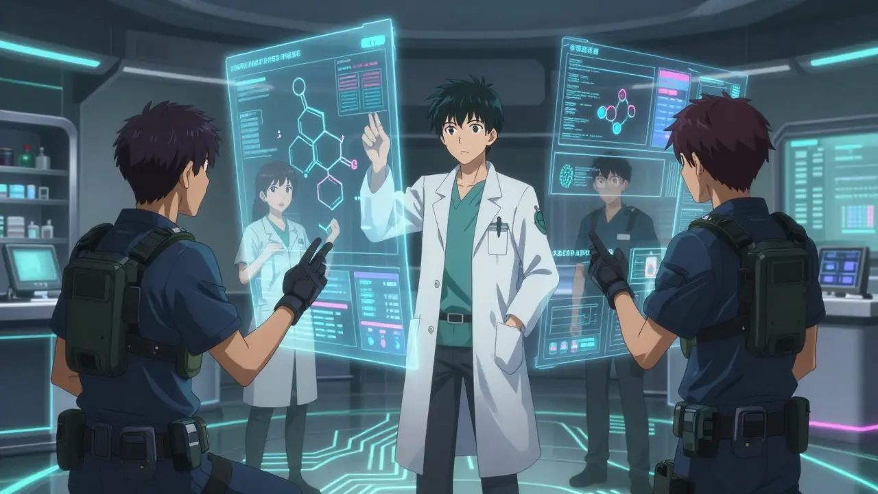 Ein Team aus Apotheker und Technikern arbeitet an einem holografischen Medikationssystem.