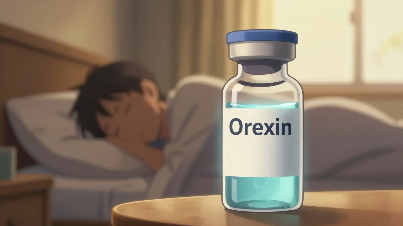 Eine futuristische Medikamentenflasche vor einem Hintergrund eines friedlich schlafenden Menschen.