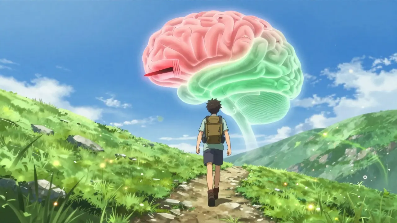 Eine Person wandert glücklich auf einem Berg, während die Schmerzintensität im Gehirn sinkt.