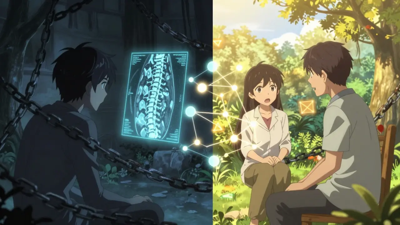 Gegenüberstellung von Angst vor MRT-Bildern und einem hoffnungsvollen Gespräch mit einem Therapeuten.